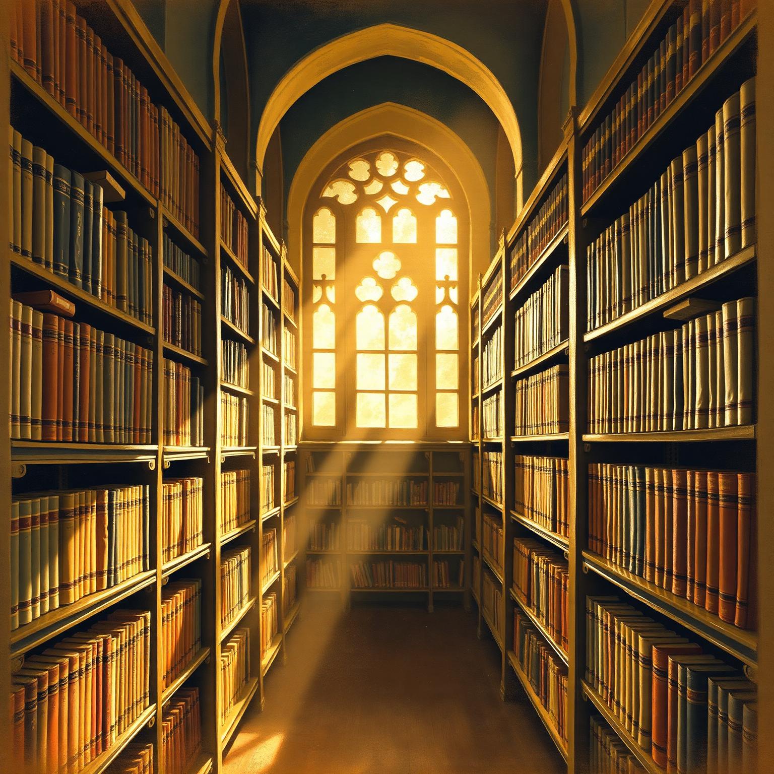 Biblioteca acadêmica iluminada por luz dourada de tarde